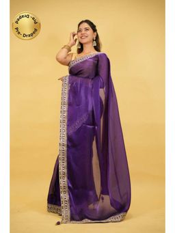Isadora Life - Womens Embroidered Sequined Purple Pre-Draped Saree with Unstitched Blouse