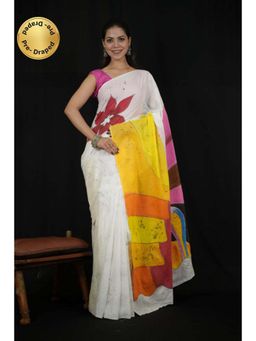 Isadora Life - Womens Hand Painted White Pre-Draped Saree with Unstitched Blouse