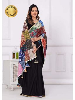 Isadora Life - Womens Printed Tassels Black Pre-Draped Saree with Unstitched Blouse