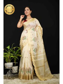 Isadora Life - Womens Embroidered Zari Ivory Pre-Draped Saree with Unstitched Blouse