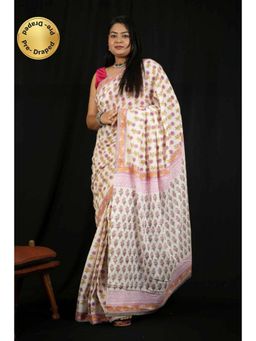 Isadora Life - Womens Floral Printed White Pre-Draped Saree with Unstitched Blouse