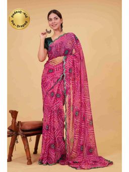Isadora Life - Womens Bandhani Printed Pink Pre-Draped Saree with Unstitched Blouse