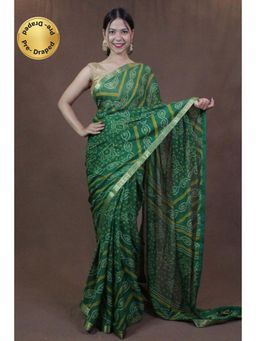 Isadora Life - Womens Bandhani Printed Green Pre-Draped Saree with Unstitched Blouse