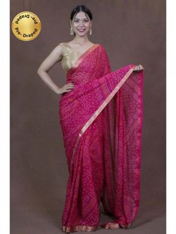 Isadora Life - Womens Bandhani Printed Pink Pre-Draped Saree with Unstitched Blouse