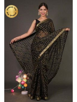 Isadora Life - Womens Bandhani Printed Black Pre-Draped Saree with Unstitched Blouse