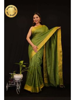 Isadora Life - Womens Solid Tassels Green Pre-Draped Saree with Unstitched Blouse
