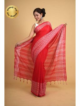 Isadora Life - Womens Printed Tassels Red Pre-Draped Saree with Unstitched Blouse