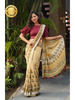 Isadora Life - Womens Printed Tassels Beige Pre-Draped Saree with Unstitched Blouse
