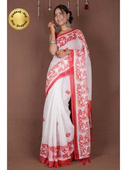 Isadora Life - Womens Printed Tassels White Pre-Draped Saree with Unstitched Blouse