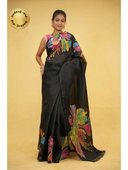 Isadora Life - Womens Floral Printed Black Pre-Draped Saree with Unstitched Blouse