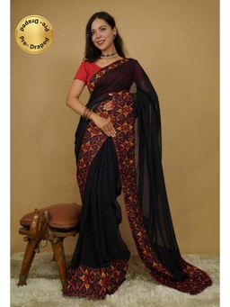 Isadora Life - Womens Printed Black Pre-Draped Saree with Unstitched Blouse