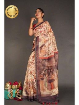 Isadora Life - Womens Kalamkari Printed Beige Pre-Draped Saree with Unstitched Blouse