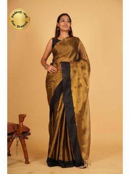 Isadora Life - Womens Solid Tassels Gold Pre-Draped Saree with Unstitched Blouse