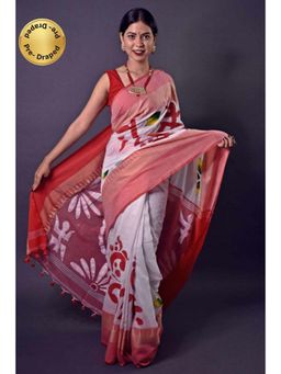 Isadora Life - Womens Printed Tassels White Pre-Draped Saree with Unstitched Blouse