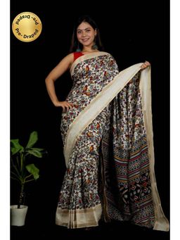 Isadora Life - Womens Printed White Pre-Draped Saree with Unstitched Blouse