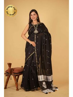 Isadora Life - Womens Printed Tassels Black Pre-Draped Saree with Unstitched Blouse