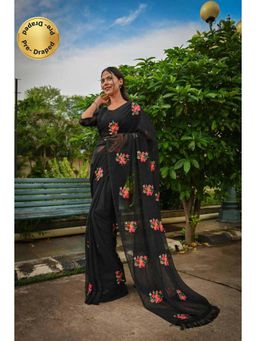 Isadora Life - Womens Embroidered Tassels Black Pre-Draped Saree with Unstitched Blouse