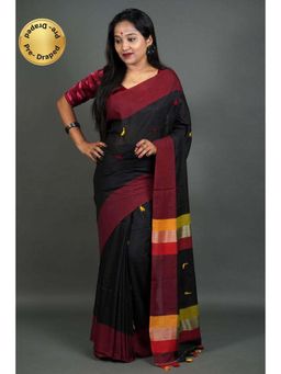 Isadora Life - Womens Embroidered Tassels Black Pre-Draped Saree with Unstitched Blouse