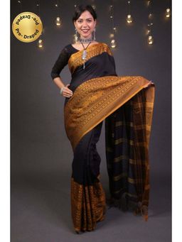 Isadora Life - Womens Woven Tassels Black Pre-Draped Saree with Unstitched Blouse