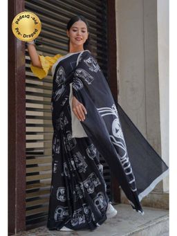 Isadora Life - Womens Hand Block Printed Black Pre-Draped Saree with Unstitched Blouse