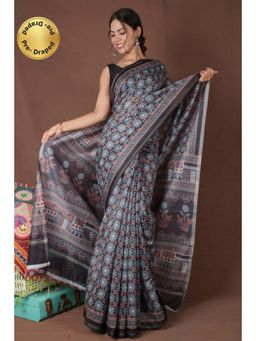 Isadora Life - Womens Floral Printed Black Pre-Draped Saree with Unstitched Blouse