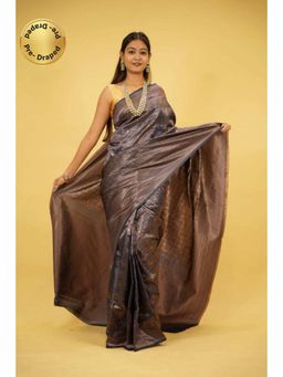 Isadora Life - Womens Zari Printed Blue Pre-Draped Saree with Unstitched Blouse
