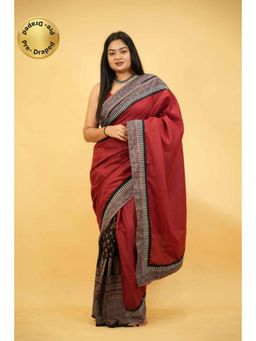 Isadora Life - Womens Printed Maroon Pre-Draped Saree with Unstitched Blouse