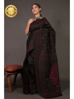 Isadora Life - Womens Embroidered Thread Work Black Pre-Draped Saree with Unstitched Blouse
