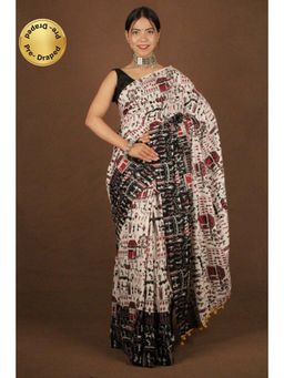 Isadora Life - Womens Kalamkari Printed Off White Pre-Draped Saree with Unstitched Blouse