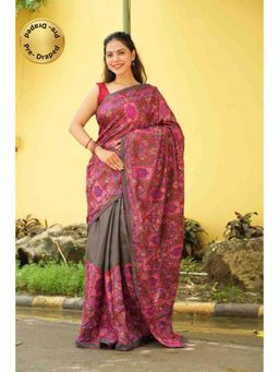 Isadora Life - Womens Printed Pink Pre-Draped Saree with Unstitched Blouse