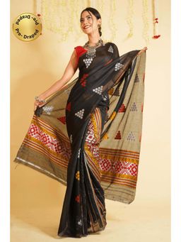 Isadora Life - Womens Floral Printed Black Pre-Draped Saree with Unstitched Blouse