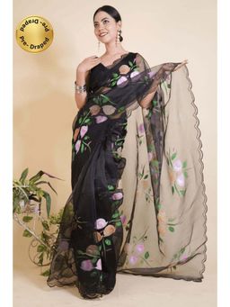 Isadora Life - Womens Floral Printed Black Pre-Draped Saree with Unstitched Blouse