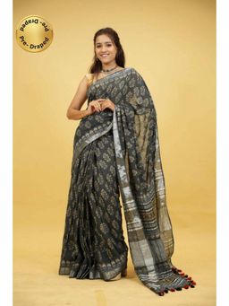 Isadora Life - Womens Printed Tassels Black Pre-Draped Saree with Unstitched Blouse