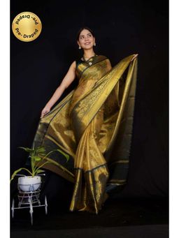 Isadora Life - Womens Woven Zari Gold Pre-Draped Saree with Unstitched Blouse