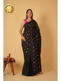 Isadora Life - Womens Embroidered Tassels Black Pre-Draped Saree with Unstitched Blouse