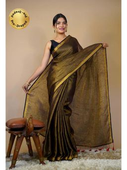 Isadora Life - Womens Solid Tassels Gold Pre-Draped Saree with Unstitched Blouse