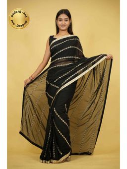 Isadora Life - Womens Embroidered Mirror Work Black Pre-Draped Saree with Unstitched Blouse
