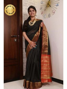 Isadora Life - Womens Woven Zari Black Pre-Draped Saree with Unstitched Blouse