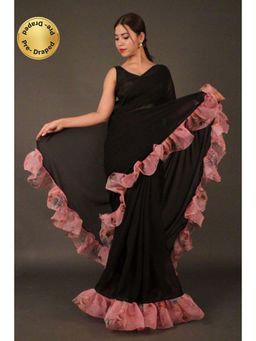 Isadora Life - Womens Printed Black Pre-Draped Saree with Unstitched Blouse