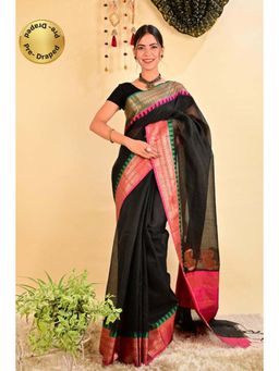 Isadora Life - Womens Woven Tassels Black Pre-Draped Saree with Unstitched Blouse