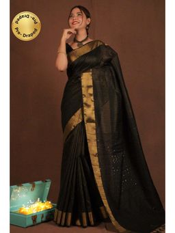 Isadora Life - Womens Stripes Sequined Black Pre-Draped Saree with Unstitched Blouse