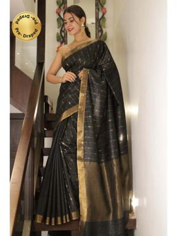 Isadora Life - Womens Woven Zari Black Pre-Draped Saree with Unstitched Blouse
