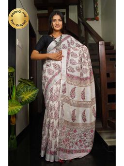 Isadora Life - Womens Floral Tassels White Pre-Draped Saree with Unstitched Blouse