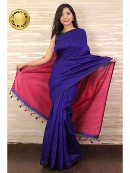 Isadora Life - Womens Solid Tassels Blue Pre-Draped Saree with Unstitched Blouse