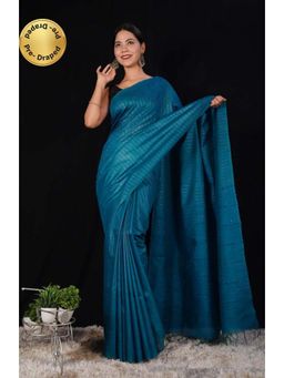 Isadora Life - Womens Stripes Tassels Blue Pre-Draped Saree with Unstitched Blouse
