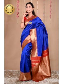 Isadora Life - Womens Solid Zari Blue Pre-Draped Saree With Unstitched Blouse