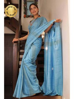 Isadora Life - Womens Stripes Tassels Blue Pre-Draped Saree With Unstitched Blouse
