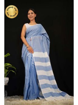 Isadora Life - Womens Stripes Tassels Blue Pre-Draped Saree With Unstitched Blouse