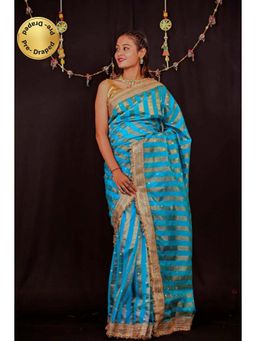 Isadora Life - Womens Stripes Embroidered Blue Pre-Draped Saree With Unstitched Blouse