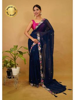 Isadora Life - Womens Embroidered Tassels Navy Blue Pre-Draped Saree With Unstitched Blouse